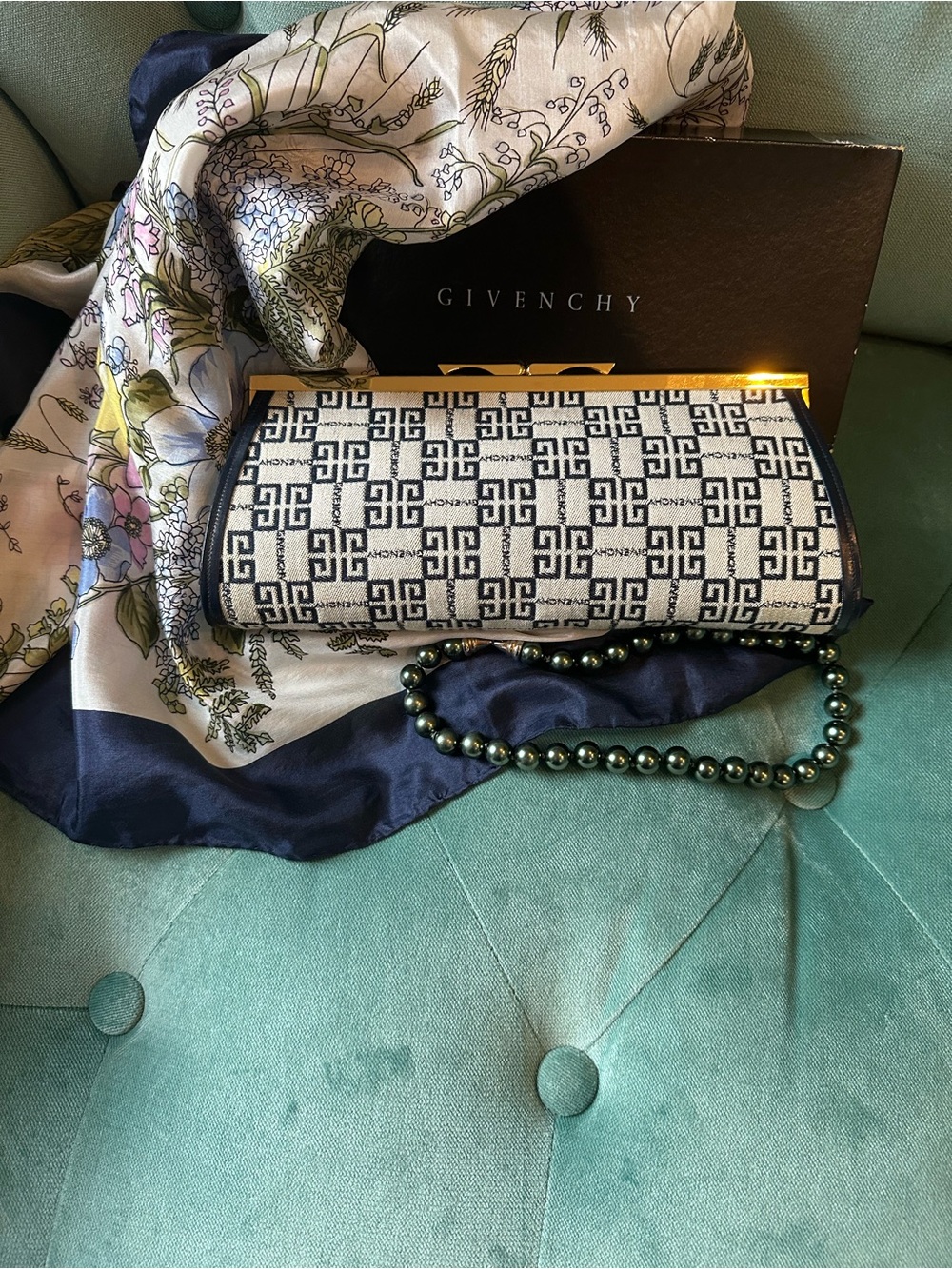 Givenchy Navy & White Logo Jacquard Clutch with Gold Frame